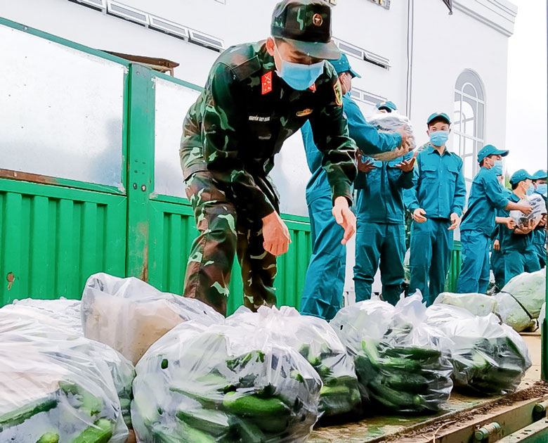 Lực lượng cán bộ, chiến sĩ Ban Chỉ huy Quân sự huyện Đức Trọng tham gia cùng MTTQVN huyện và các ban, ngành, Hội Phụ nữ, Đoàn Thanh niên cùng thu gom, bốc vác rau, củ để UBND huyện tập hợp, cùng với các địa phương khác và Bộ Chỉ huy Quân sự tỉnh vận chuyển về Thành phố Hồ Chí Minh mỗi ngày.